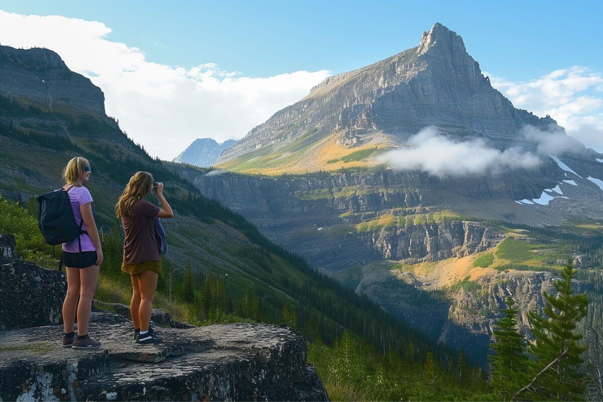 Two women stand on the edge of a cliff overlooking a lush valley in Montana.