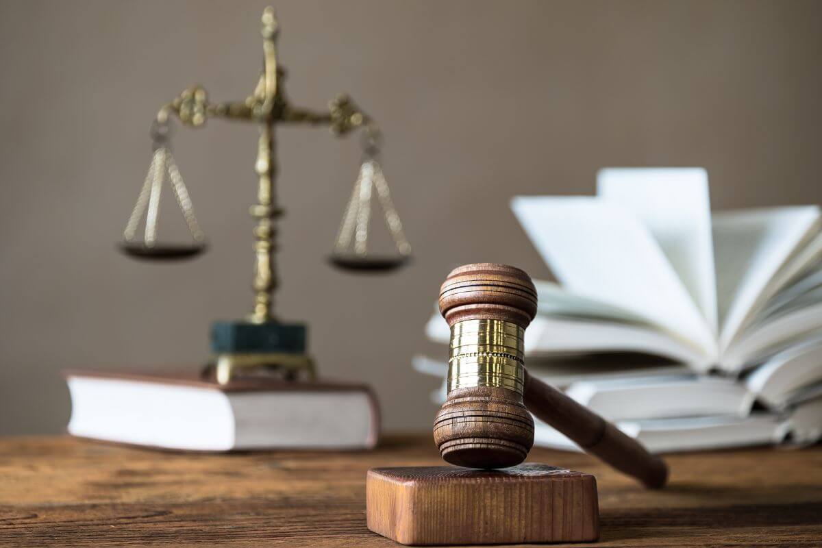 Court Room with Law Books, Balance Scale. and Gavel
