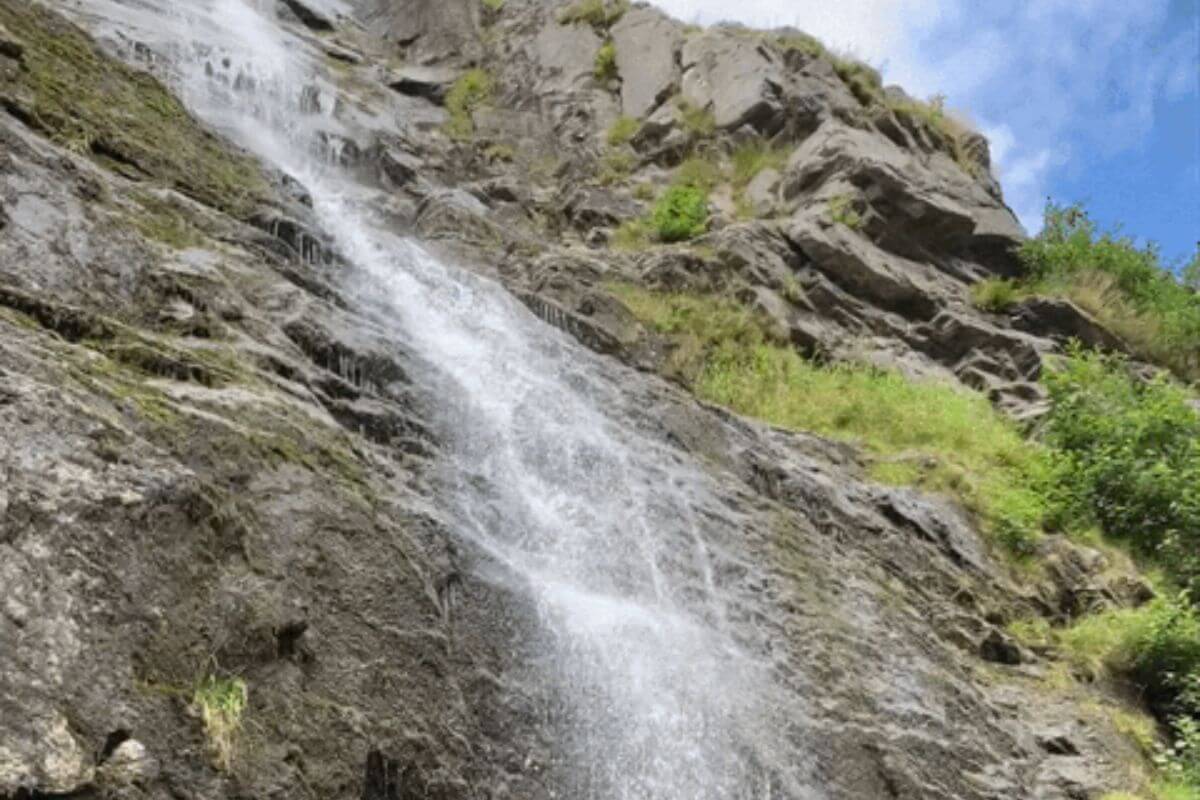 Silken Skein waterfall tumbles down a rocky cliff in Montana, surrounded by patches of green plants.