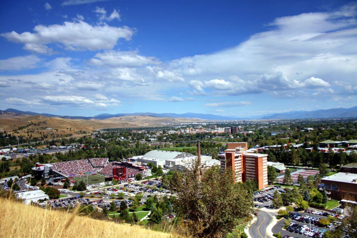 A panoramic view of a city skyline from the top of a hill in Montana.