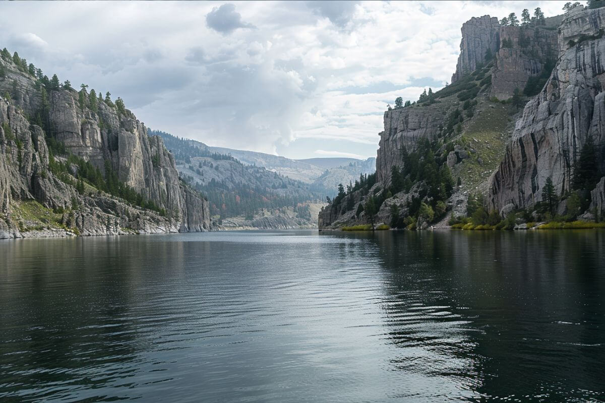 Two towering mountains and a lake in the Gates of the Mountains in cloudy weather.