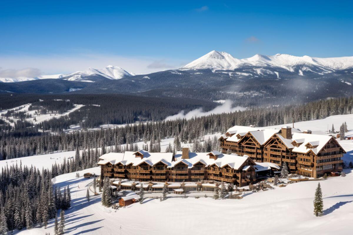 An aerial view of Big Sky Resort in Montana with snowy mountains in the background.