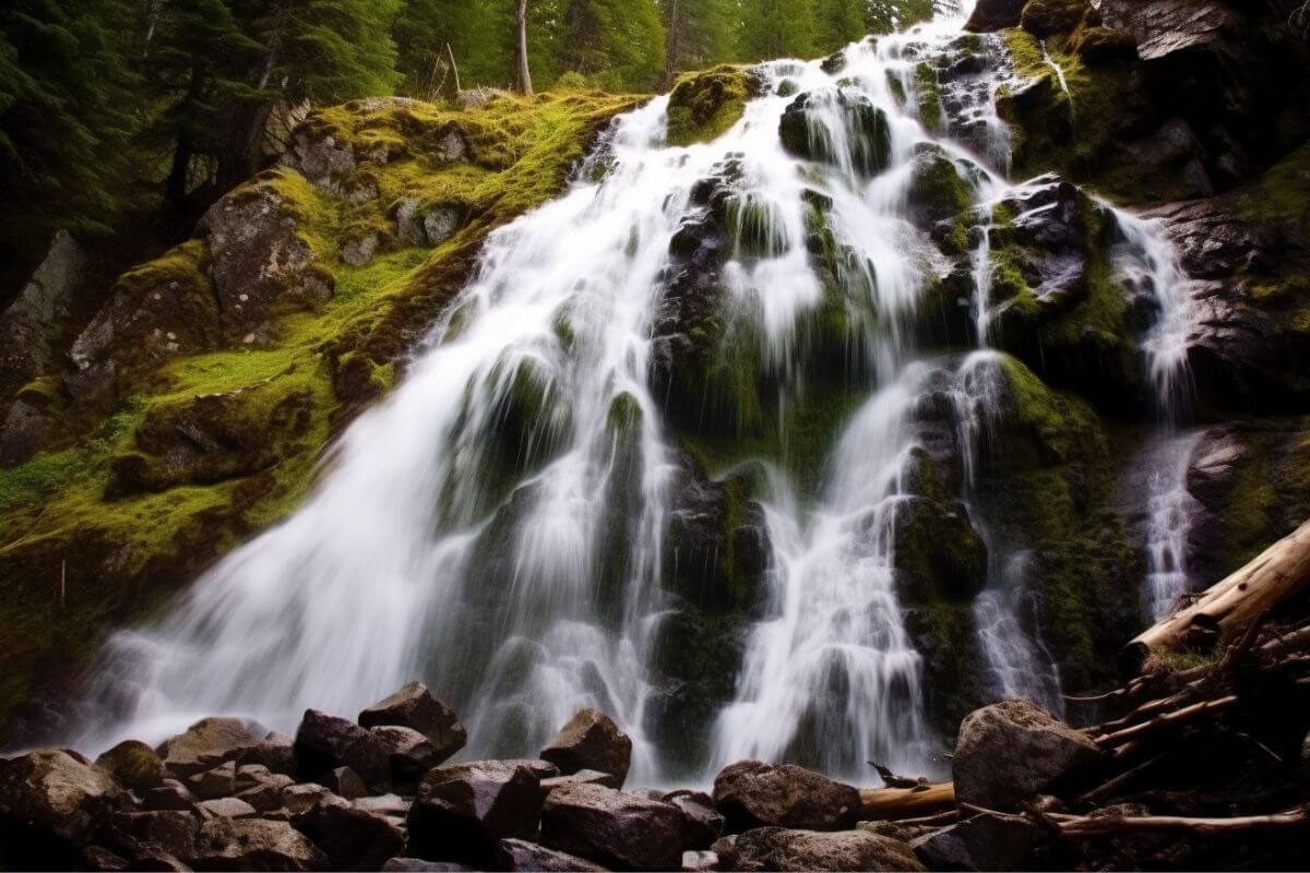 Holland Falls, near Condon, cascades through a tall rocky cliff, creating a breathtaking view.