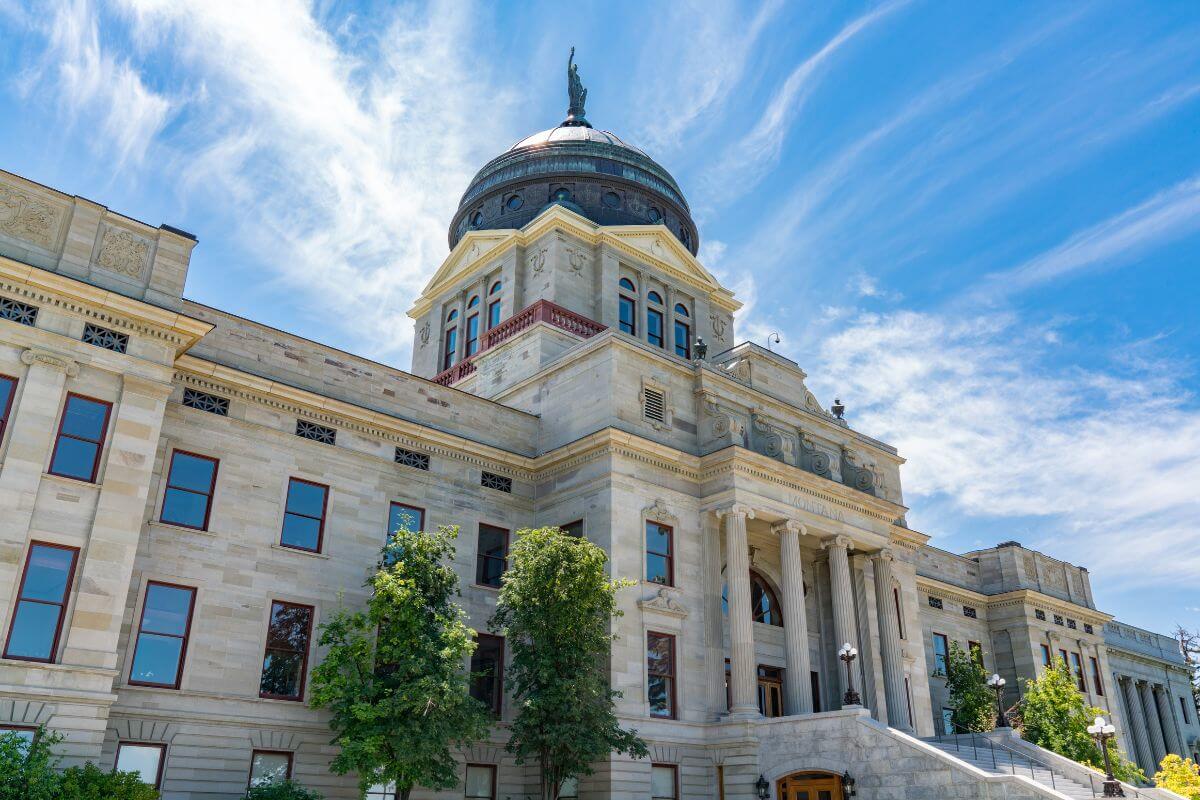 A large building with a dome in the background.