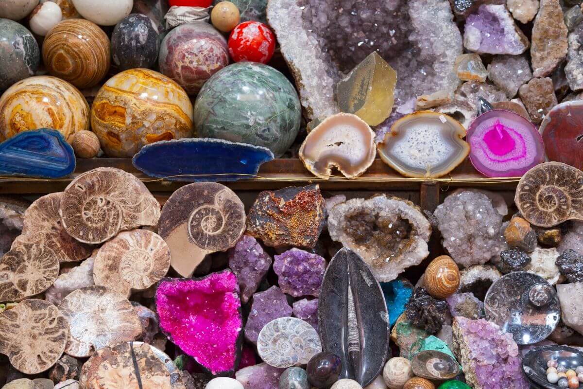 A display of Montana gemstones in different shapes and colors.