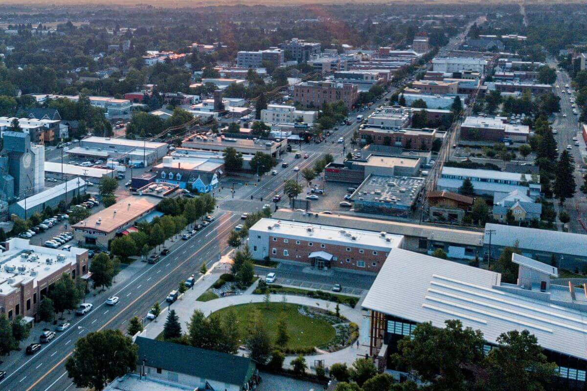 An aerial view of Downtown Bozeman, Montana.