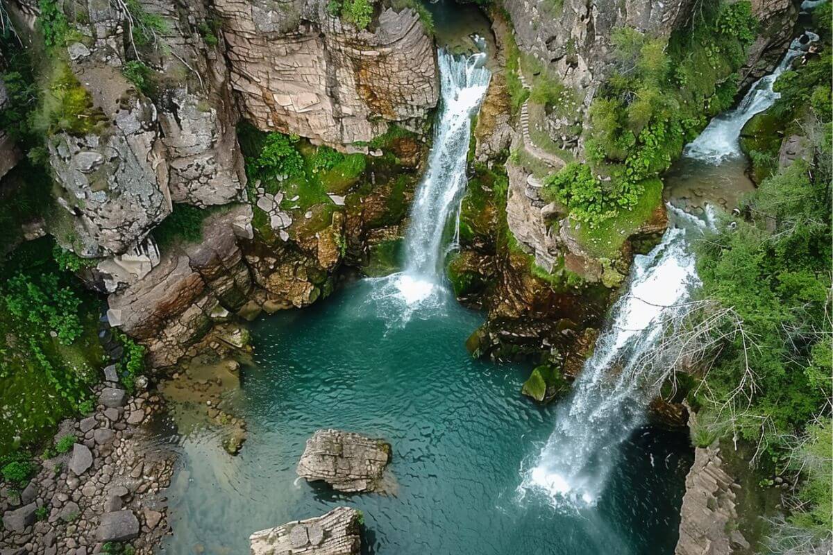 An aerial view of Horsetail Falls in Gallatin National Forest