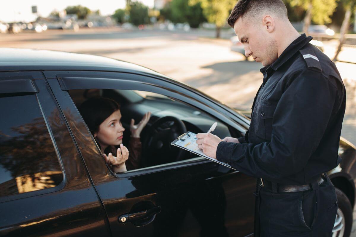 Traffic Enforcer Explaining a Violation to a Woman Inside a Black Car