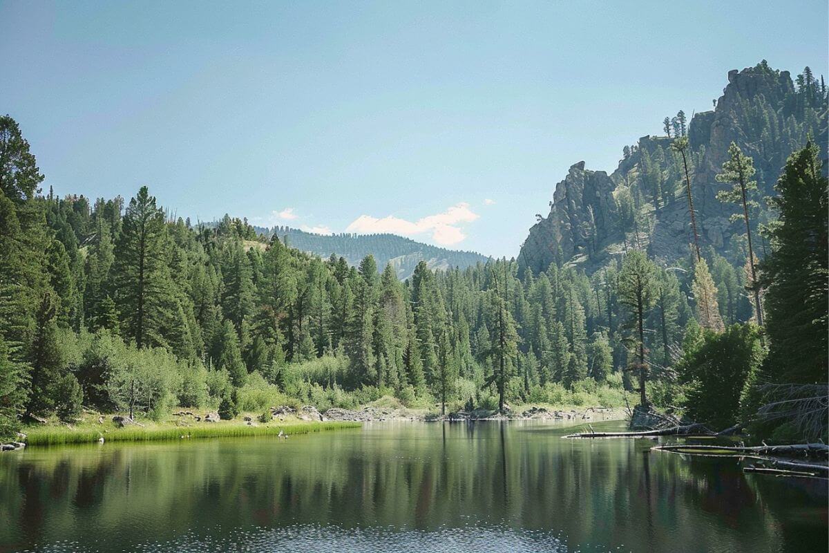 Fuse Lake, near Skalkaho Waterfall in Montana, is surrounded by thick evergreen forests and rugged mountains under a clear blue sky. 