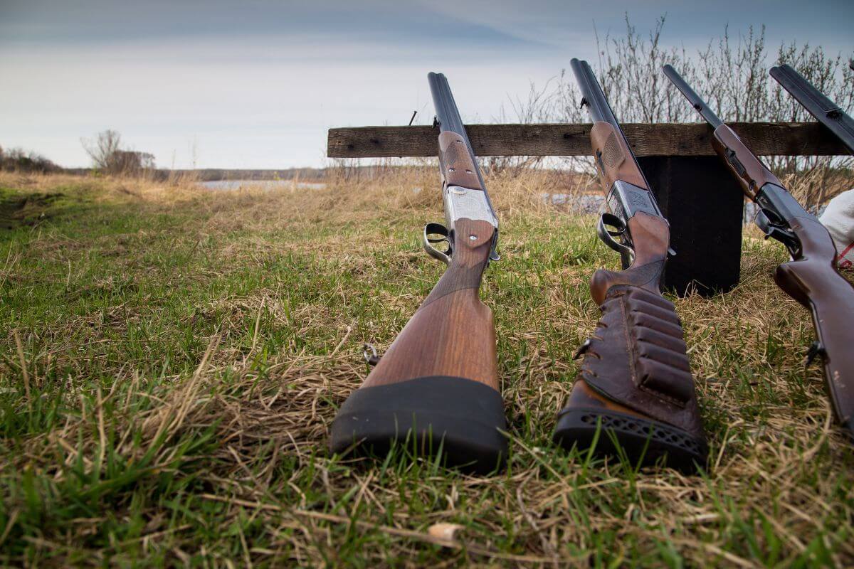 Hunting rifles lined up in preparation for a Montana hunting trip