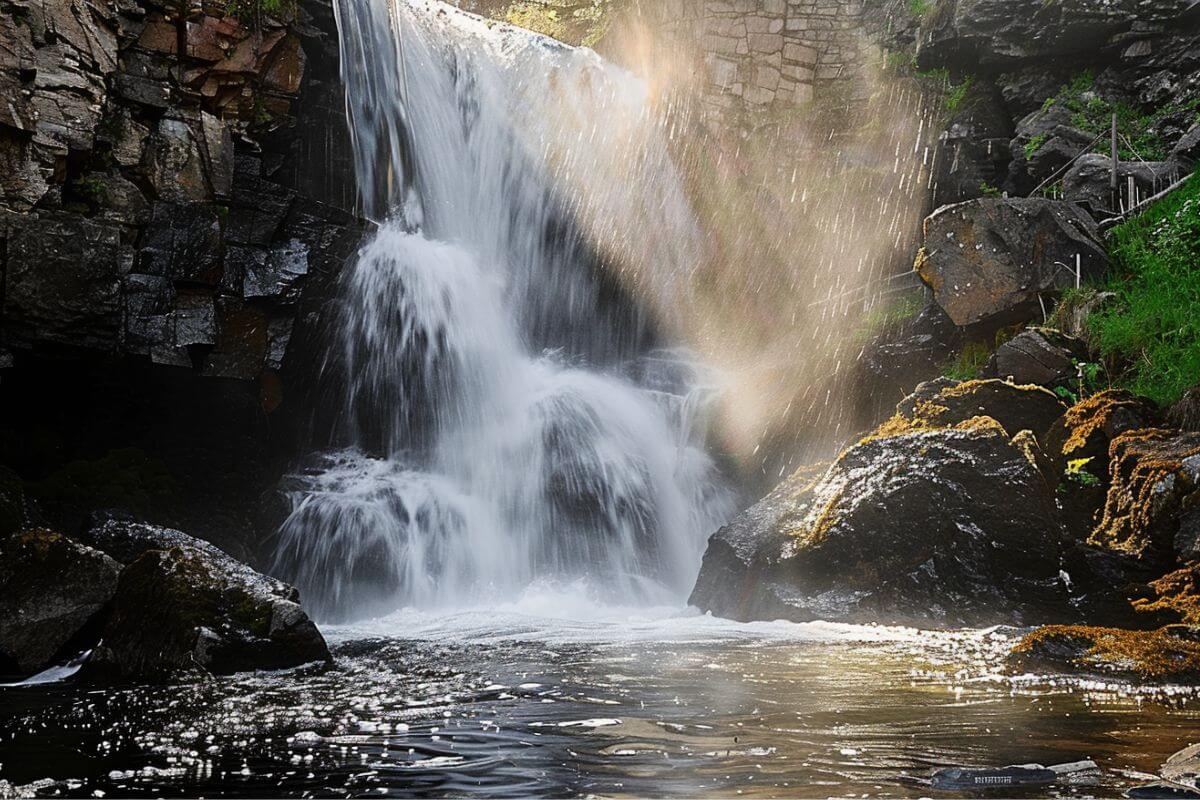 Dawn Mist Falls glistens under the sunlight as it hits the rocks below it.