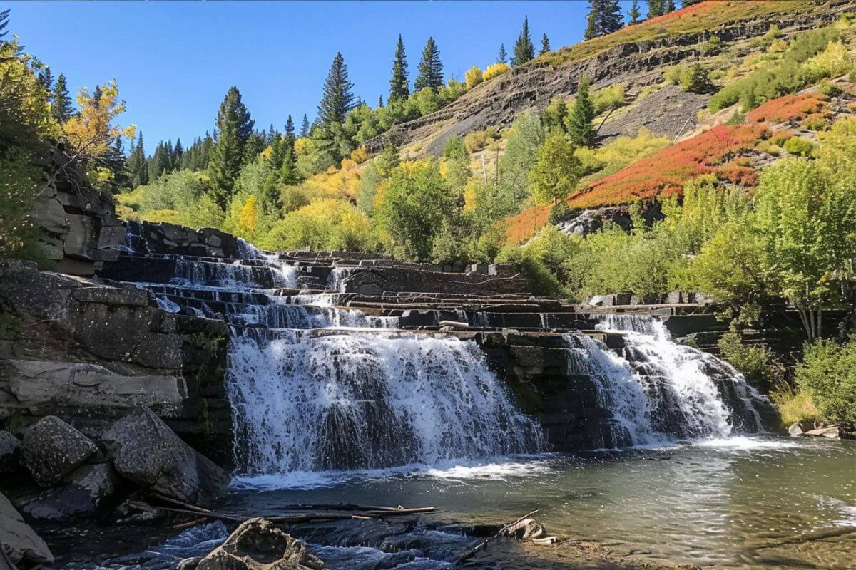 A waterfall hidden amid lush greenery in Lolo National Forest.