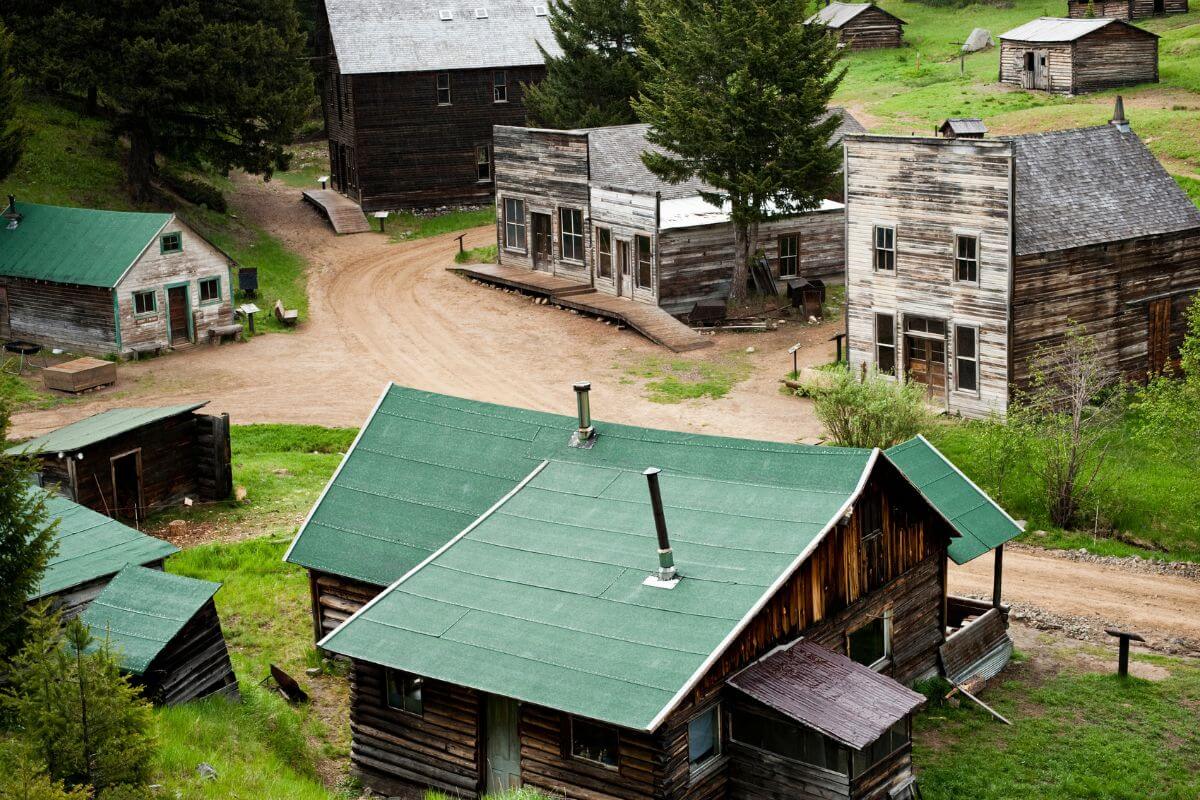 An aerial view of the abandoned buildings in Garnet Ghost Town, Montana.