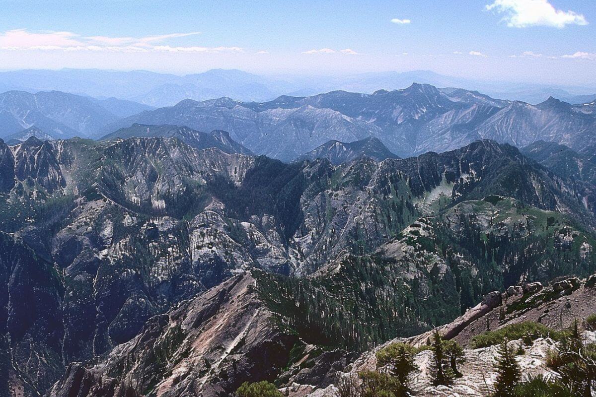 An aerial view of the Bitterroot Mountains under a clear sky