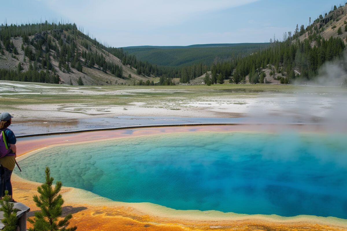 A woman is standing in front of a hot spring in Yellowstone National Park, Montana.