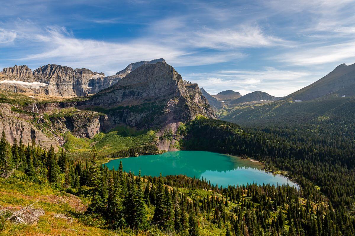 A lake in Glacier National Park framed by mountains and pine trees.