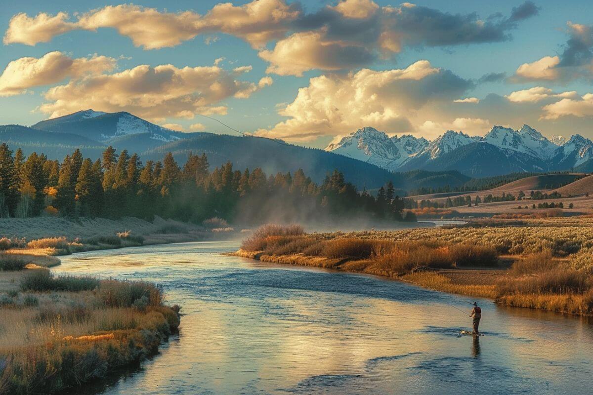 A man is fishing in a river with mountains in the background in West Yellowstone, Montana.