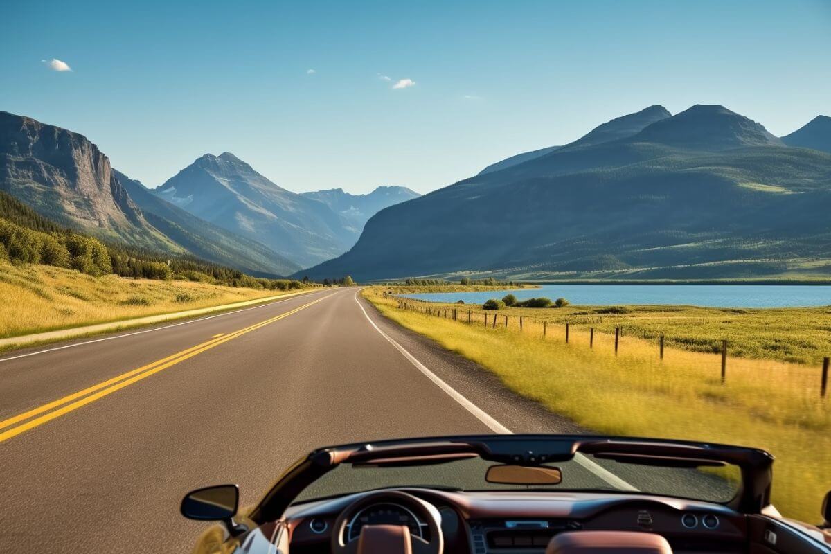 A convertible car driving down a road with mountains in the background.