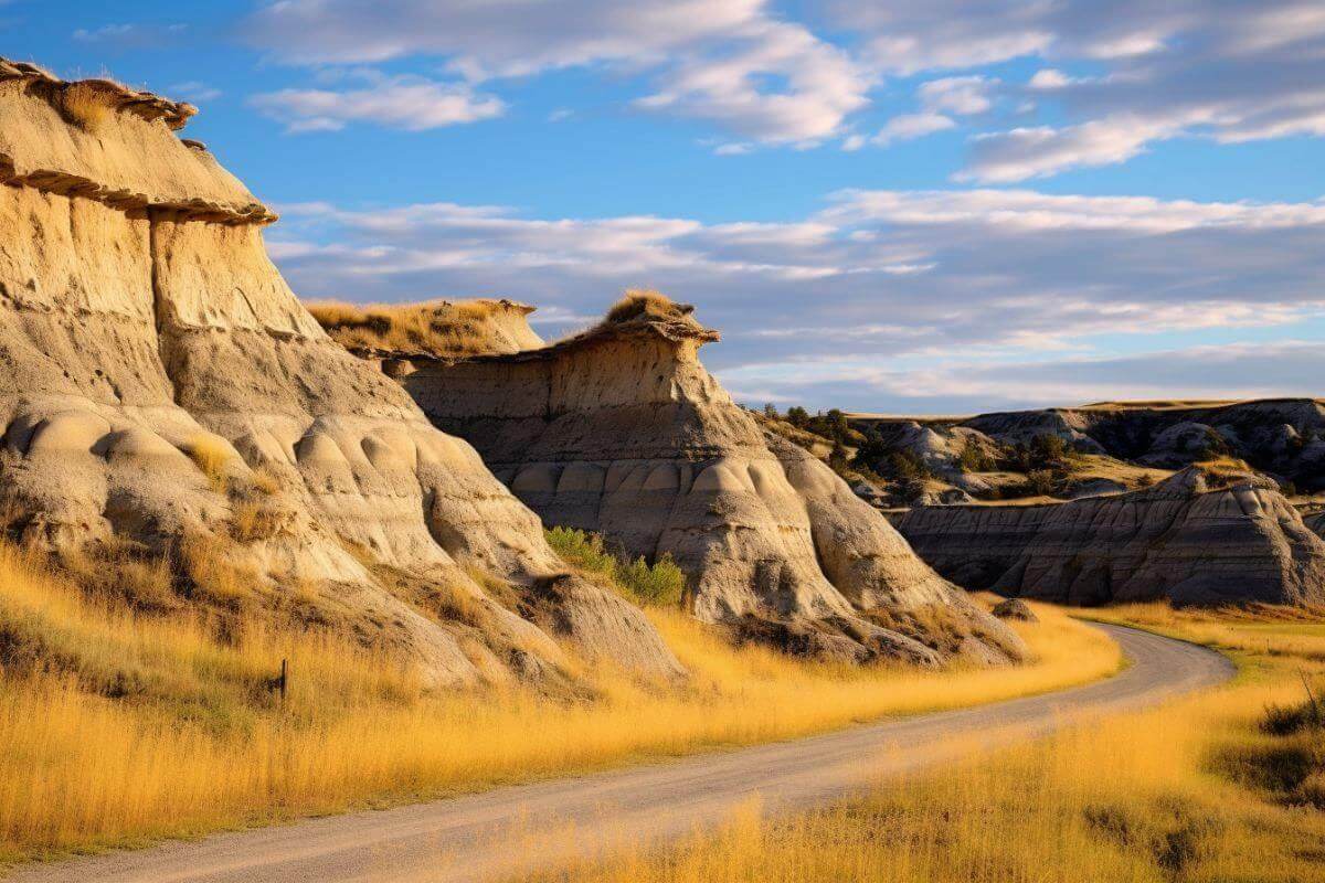 A dirt road beside cliffs in Montana.