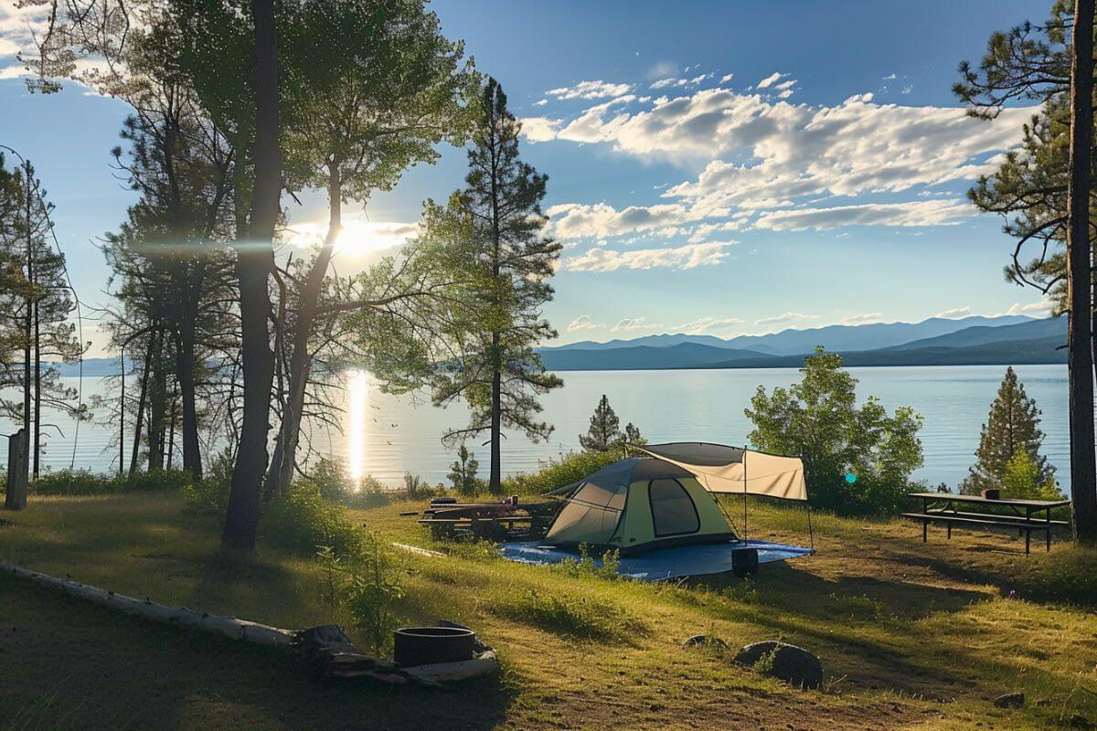 A tent is set up in front of Flathead Lake in Montana.