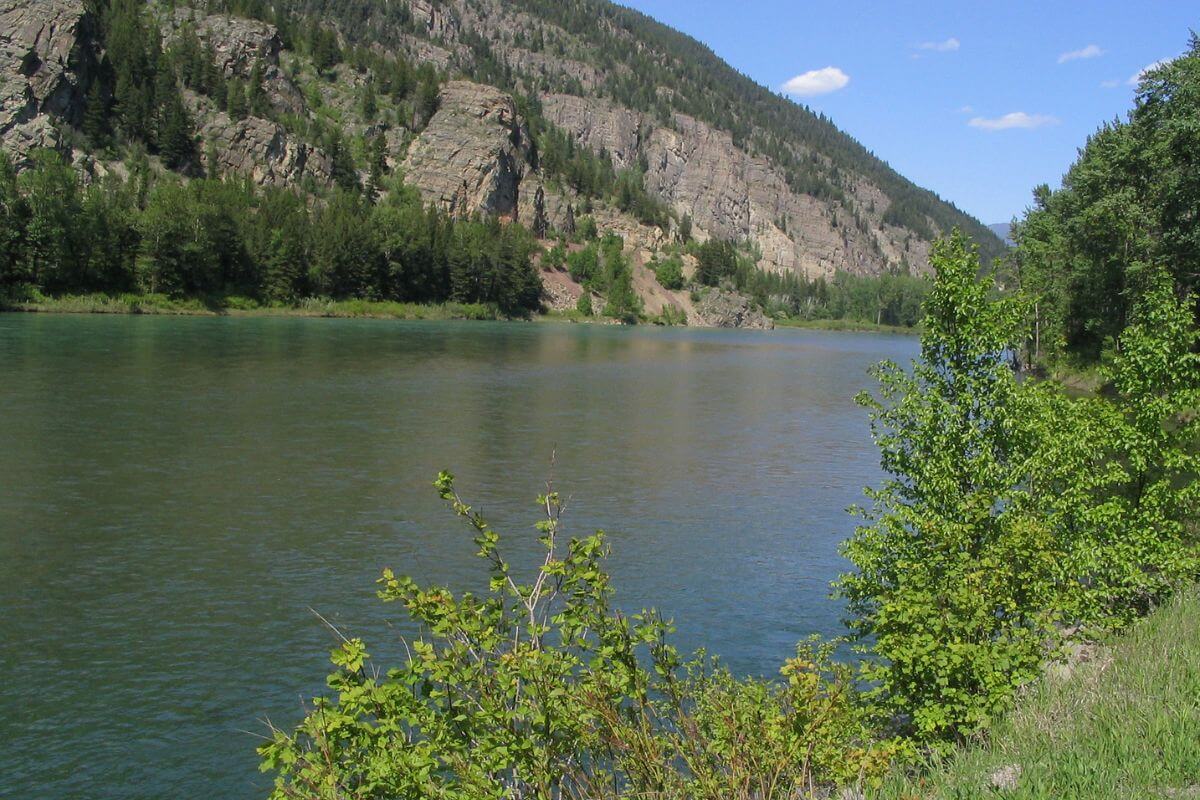 Flathead Lake surrounded with mountains and trees.