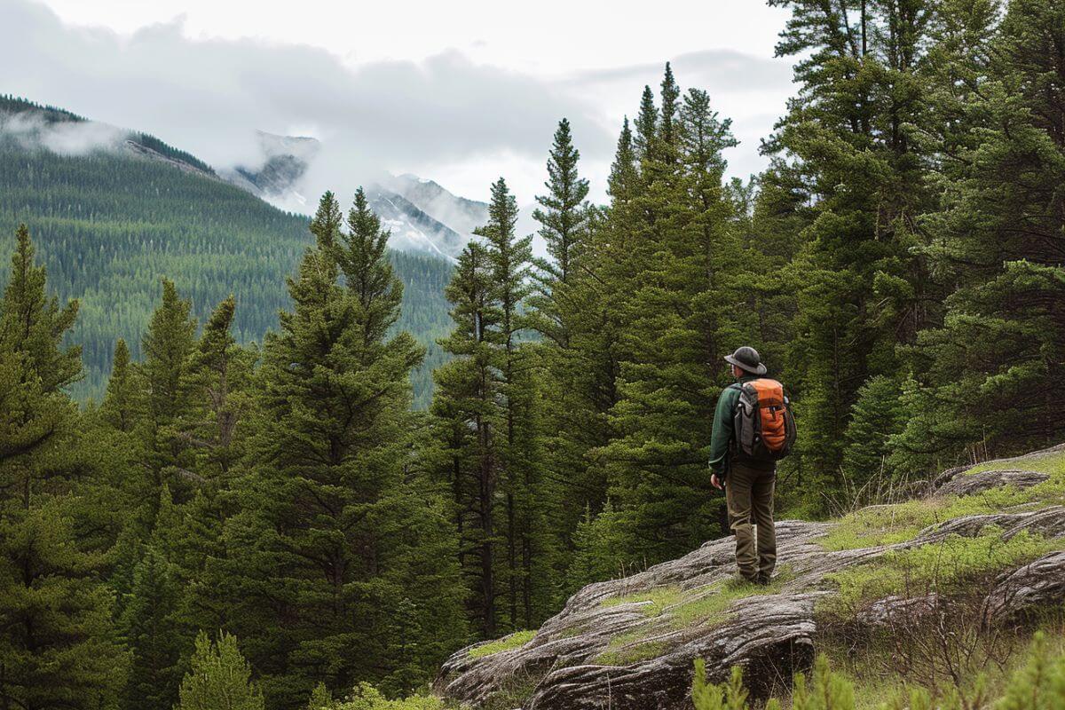 A man with a backpack standing on a rocky mountainside in Montana.